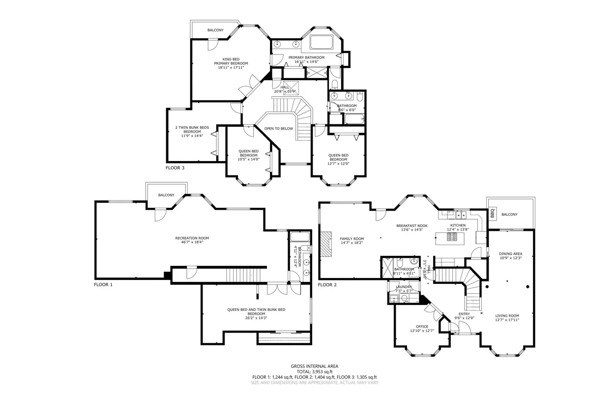 A wide view of the home's central staircase, balconies overlooking a spacious area, a recreational room, and the kitchen area. The image captures an inviting and airy communal space, with sightlines suggesting open movement throughout the home and potential access points to the outdoors.